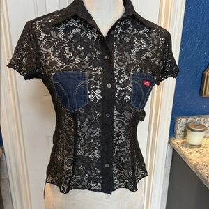 Miss Sixty Black Lace Blouse with Denim Pockets